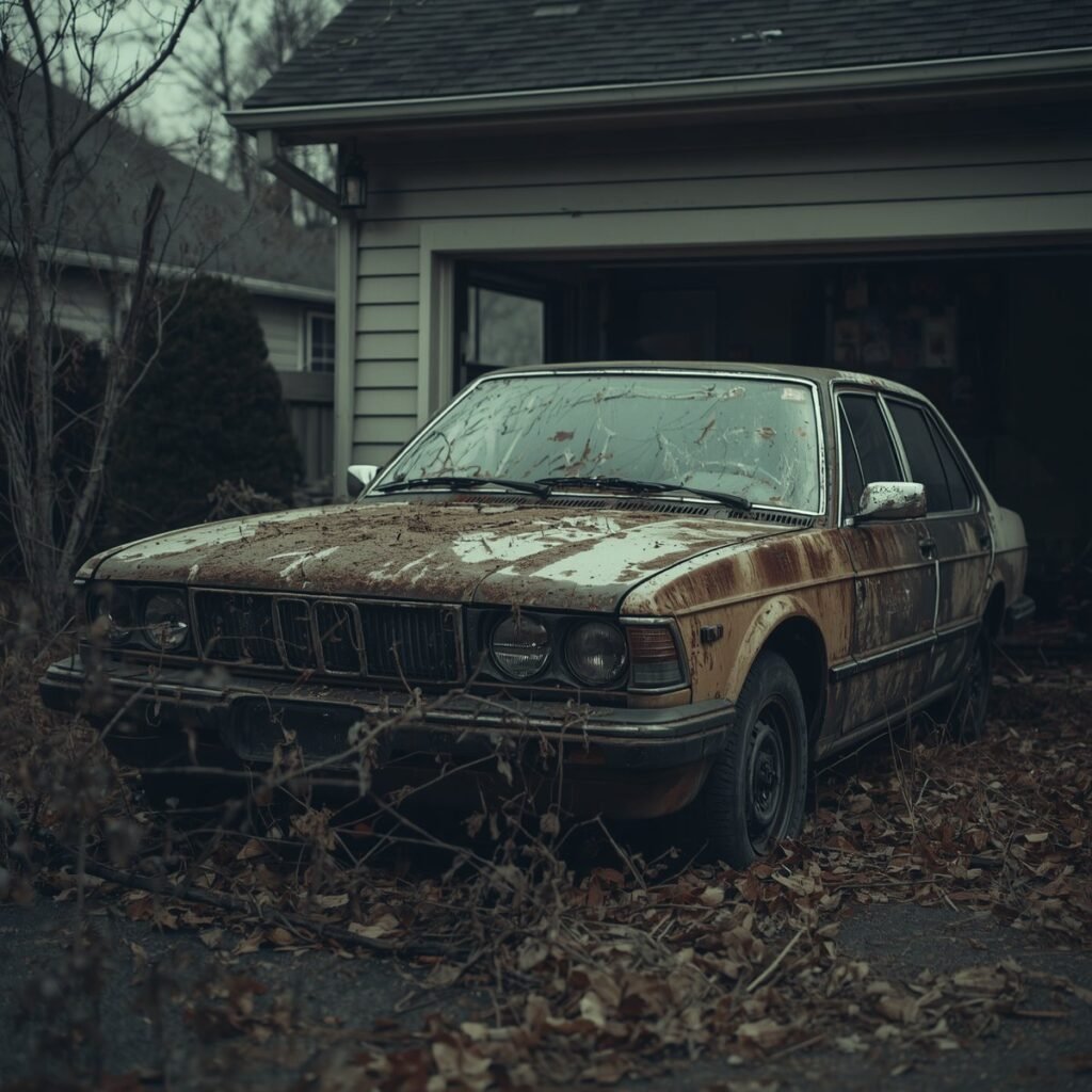 A rusted junk car sits neglected in a suburban Texas driveway surrounded by overgrown weeds and debris.